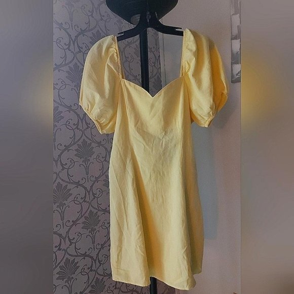 Cottagecore Babydoll Mini Puff Sleeve Sweetheart Light Academia Yellow - Picture 2 of 13